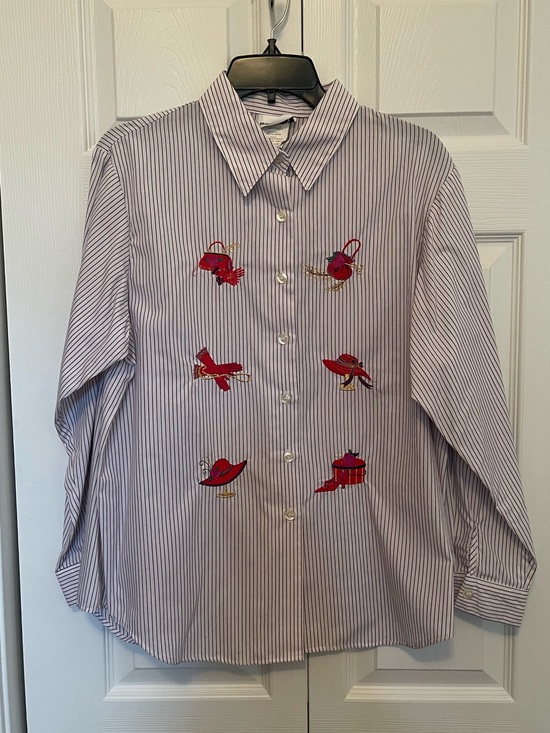 BonWorth Tops - Bon Worth Red Hat Society Embroidered Pinstripe Blouse - Petite Medium
